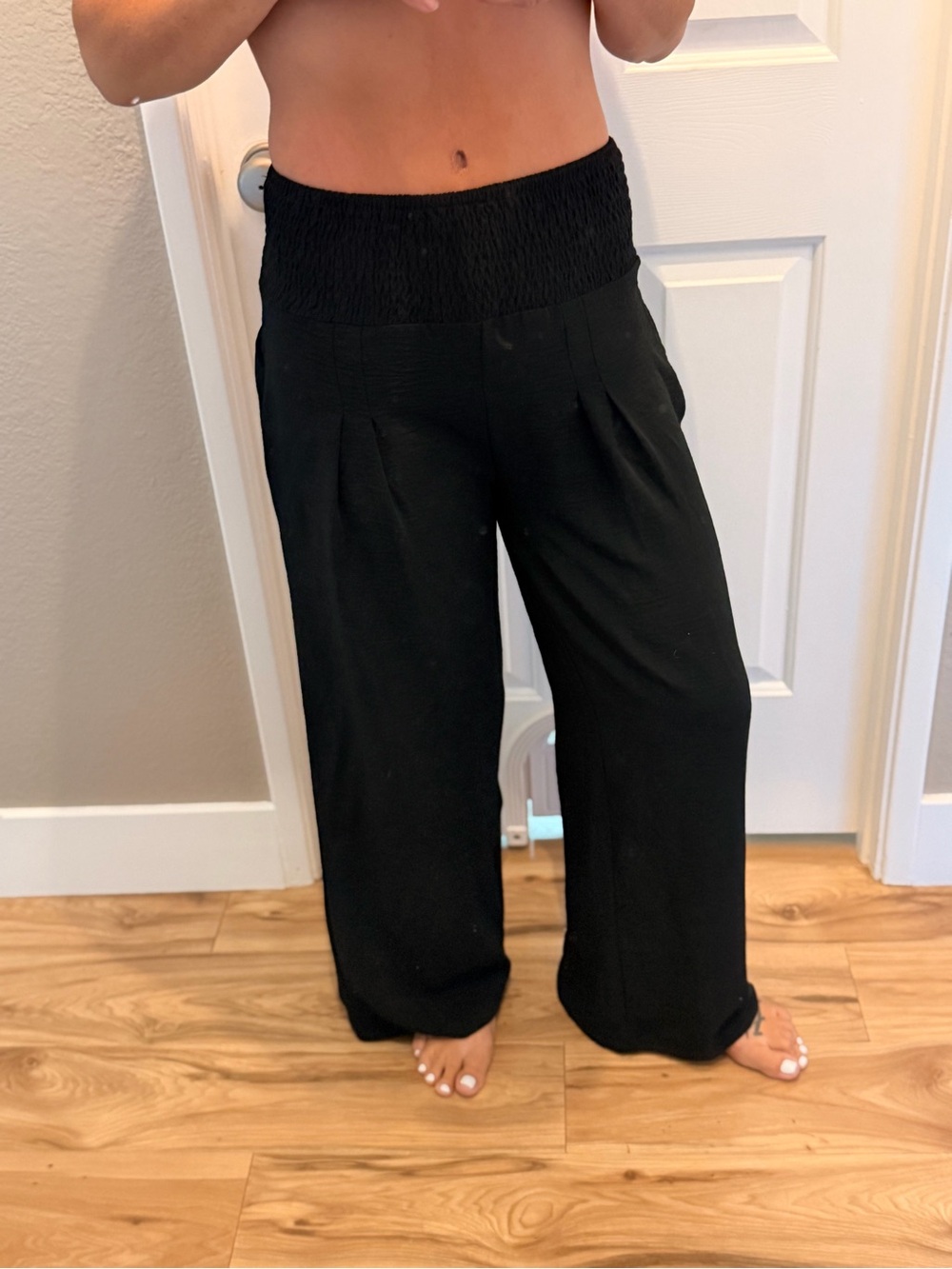 SHEIN Black Wide Leg Smocked Waist Pants